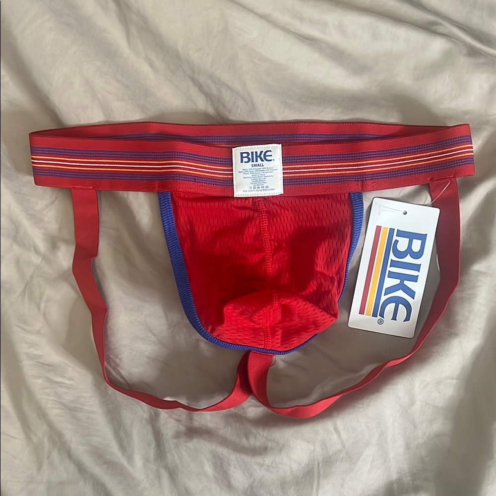 NWT | BIKE Red Jockstrap with Blue Trim size small